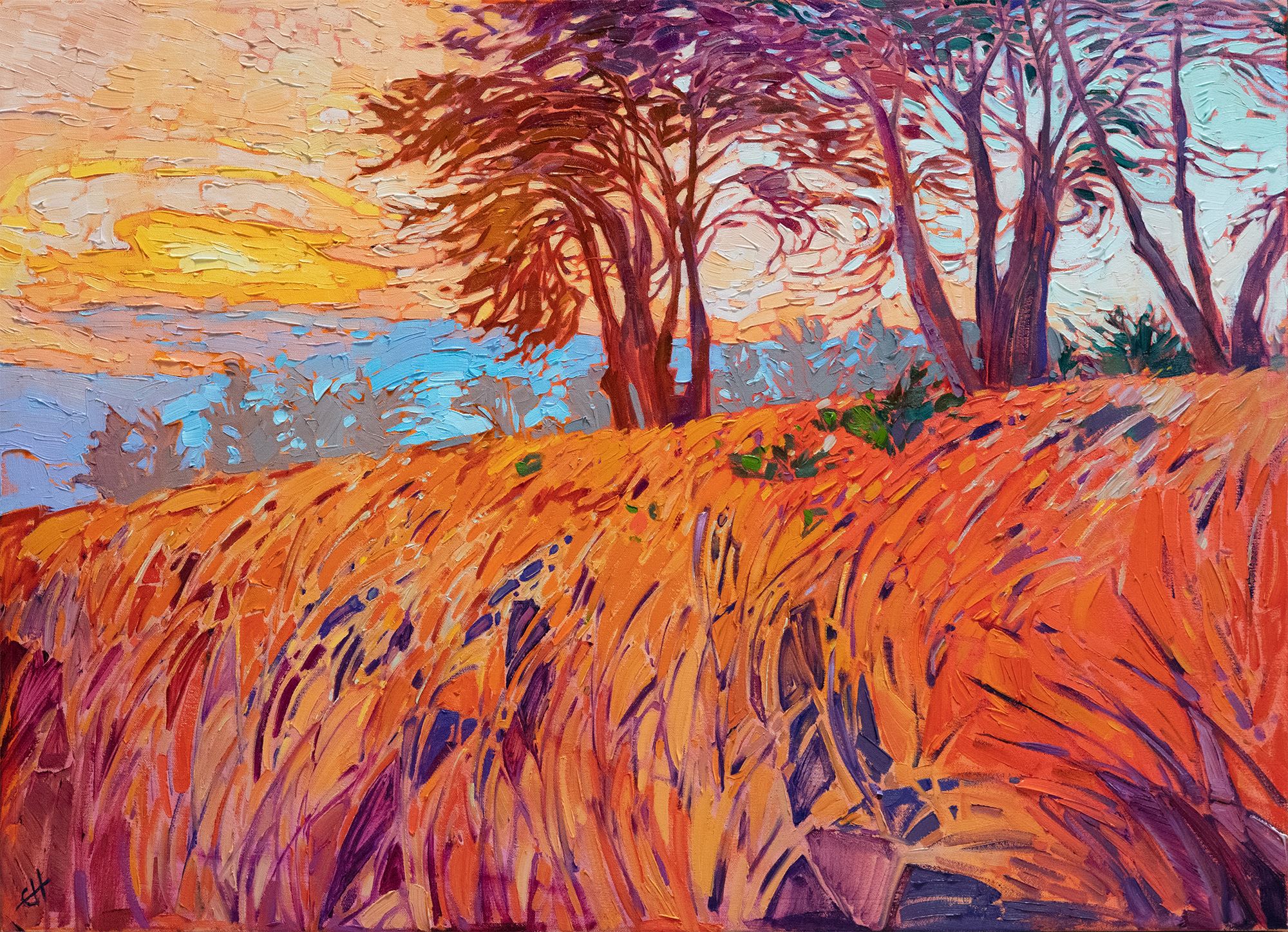 Sunset painting Mendocino Cypress