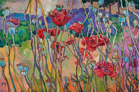 Northwest impressionism oil painting for sale by Erin Hanson, abstract landscape of red poppies and lavender. Painting Washington Poppies