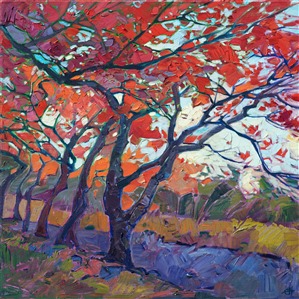Oil painting of red maple trees near Tenryū-ji Temple, Kyoto, Japan, by contemporary artist Erin Hanson Painting Japanese Color