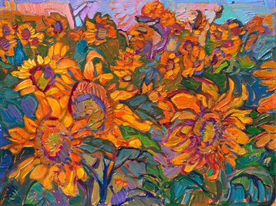 Provence sunflower painting from France by colorful landscape impressionism painter Erin Hanson Painting Sunflowers in Petite II