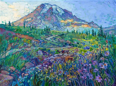 Painting of Mt Ranier impressionism painting artwork by northwest painter Erin Hanson Painting Mt Rainier Peak