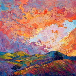Large, bold oil painting by California impressionist Erin Hanson. Painting Lighted Sky