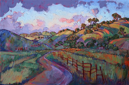 California wine country dramatic sunset oil painting for sale by Erin Hanson Painting Sunset Hills