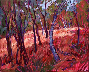 Vivid modern impressionism artwork for sale by Erin Hanson Painting Two Birches