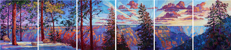 Magnificent panoramic view of the Grand Canyon North Rim in undulating light, as captured by impressionistic artist Erin Hanson 