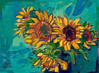 Impressionism sunflower painting by the modern Van Gogh: Erin Hanson. Painting Viridian Sunflowers