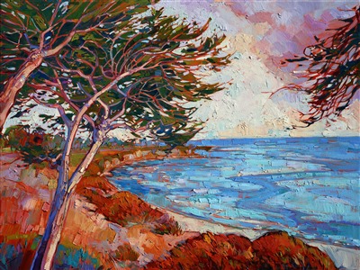 Monterey cypress painting in premier coup by modern impressionist Erin Hanson Painting Monterey Cypress