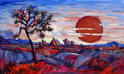 Abstract impressionist oil painting desertscape by Erin Hanson. Painting Red Sun