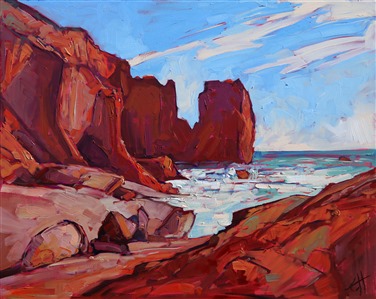Vivid contrasting color appears in this expressive oil painting by Erin Hanson Painting Coast Shadows