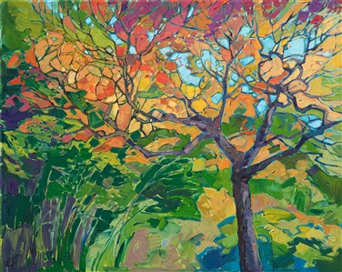 Oil painting of beautiful Japanese fall colors in a colorful expressionistic style by artist Erin Hanson Painting Autumn Tapestry