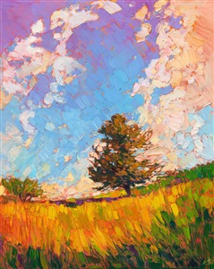 California eucalyptus tree oil painting by California impressionist Erin Hanson. Painting Hilltop Pine