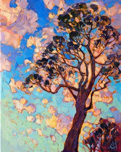 California eucalyptus painting in a contemporary impressionist style, by Erin Hanson. Painting Eucalyptus Dawn