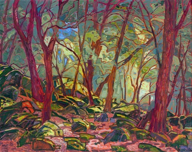 Mossy oak trees in a California impressionist landscape, by Erin Hanson Painting Mossy Shadows