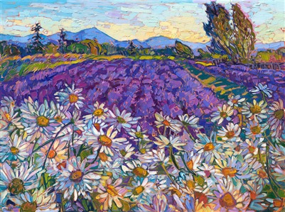 Northwestern artwork original landscape oil painting of Sequim on the Olympic peninsula by famous American impressionist painter Erin Hanson. Painting Northwest Daisies