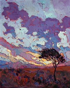 Small original impressionist oil painting by Erin Hanson Painting Lone Sunset