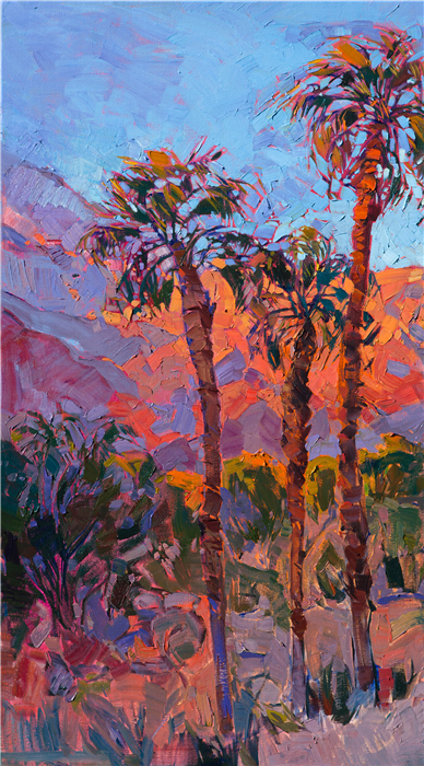 Triptych panel La Quinta palm trees landscape painting by Erin Hanson