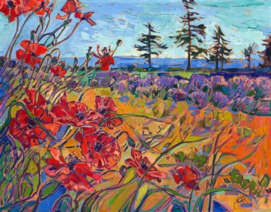 Lavender and poppy flower fields from Washington northwest meadows, original oil painting and prints by Erin Hanson. Painting Lavender Poppies