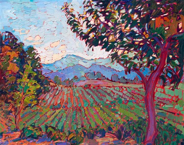 Oil painting of Napa impressionist wine country artwork of vineyards from California, by Erin Hanson Painting Napa Light
