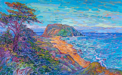Point Sur viewpoint lookout on Highway 1 near Big Sur and Carmel, original oil painting landscape for sale by American impressionist Erin Hanson. Painting Point Sur Vista