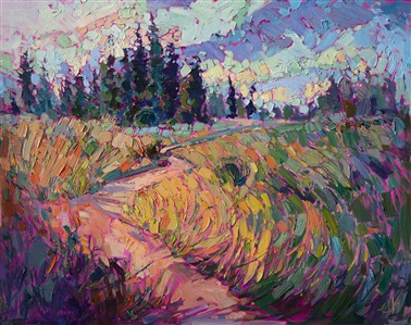 Oregon landscape painting in bold colors, by Erin Hanson Painting Northern Firs