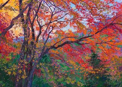 Famous maple tree painting of Kyoto, Japan, by American impressionist Erin Hanson Painting Dance of Autumn