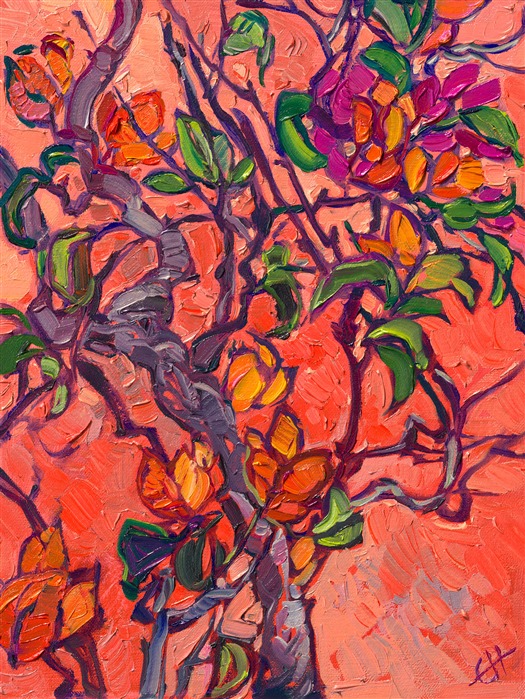 Painting of orange bougainvillea from San Miguel de Allende, by American impressionist Erin Hanson.
