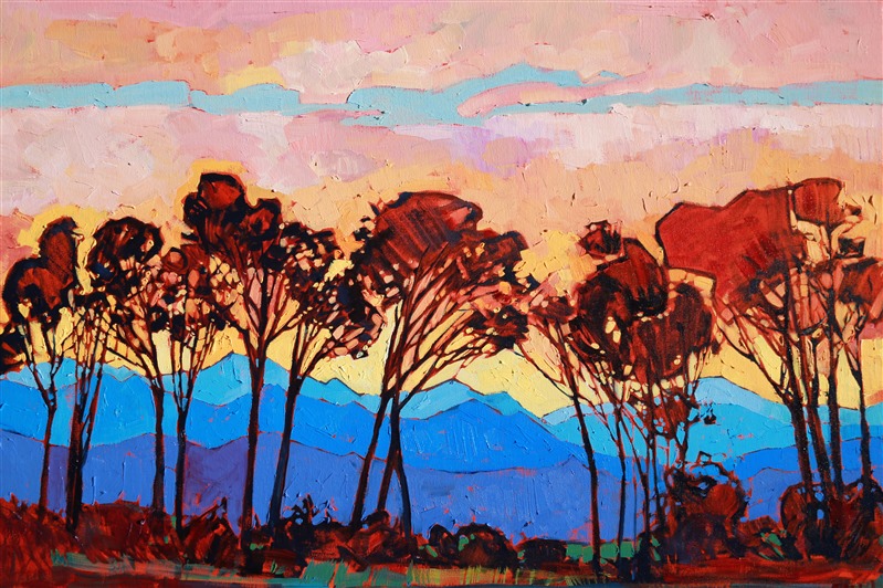 Geometric, abstracted landscape oil painting by Erin Hanson