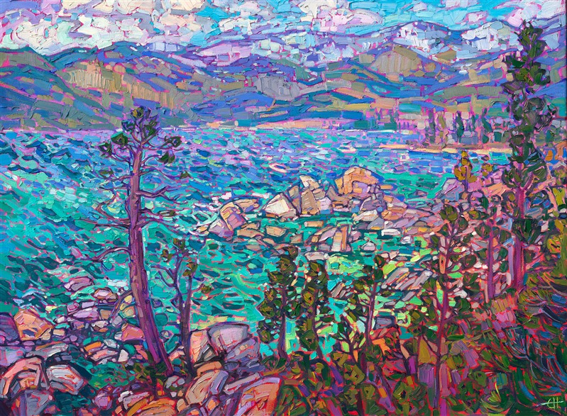 Alpine Blues is an original oil painting landscape of Lake Tahoe, by modern impressionist Erin Hanson