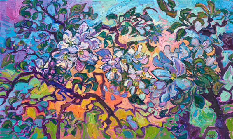 Apple tree blossoms art original oil painting in bright, impressionistic colors, by American impressionism painter Erin Hanson. Happy art with beautiful color.