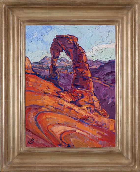 Impressionist landscape painting of Arches National Park framed in a hand carved champagne frame by California artist Erin Hanson