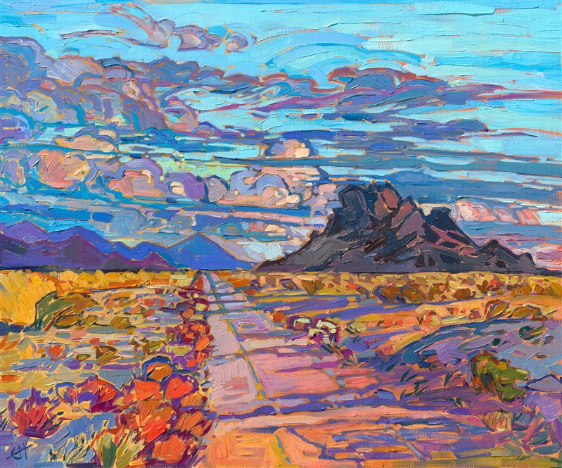 Erin Hanson oil painting landscape of Arizona desert at the Wickenberg Museum Cowgirl Up! Exhibition of women Western painters.