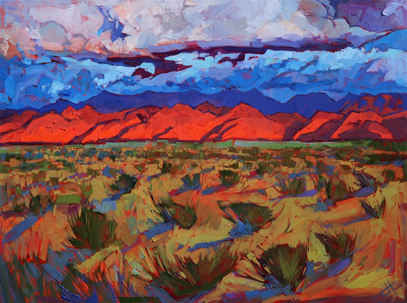 Brilliant sunset color captured in a desert palette by artist Erin Hanson