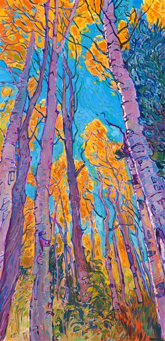 Quaking aspen tree autumn colors in an oil painting, landscape painting of Cedar Breaks National Monument in southern Utah.