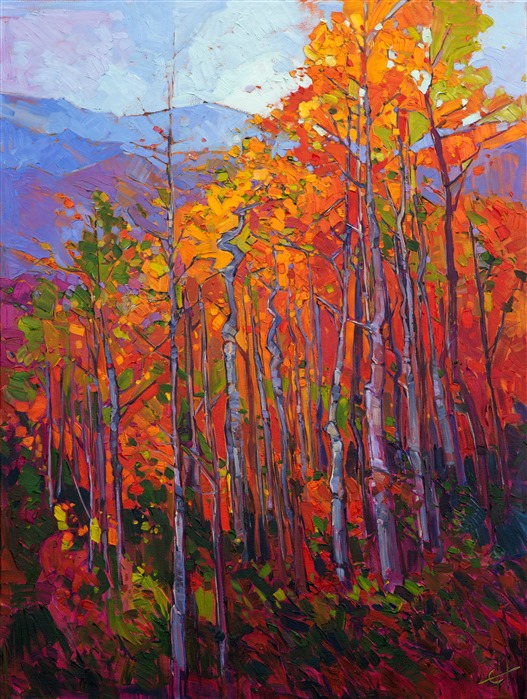 Utah Aspens in changing fall color, painting in brilliant oils by master colorist Erin Hanson.