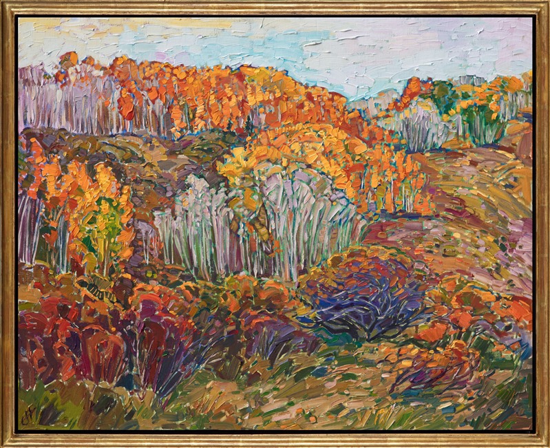 Oil painting of aspen trees by Erin Hanson framed in a gold floater frame