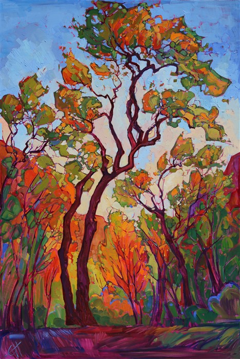 Zion cottonwood autumn colors oil painting by Erin Hanson