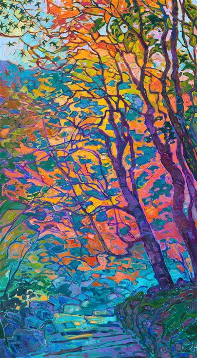 Kyoto Japan original oil painting of Japanese Maple trees, by modern impressionist Erin Hanson.