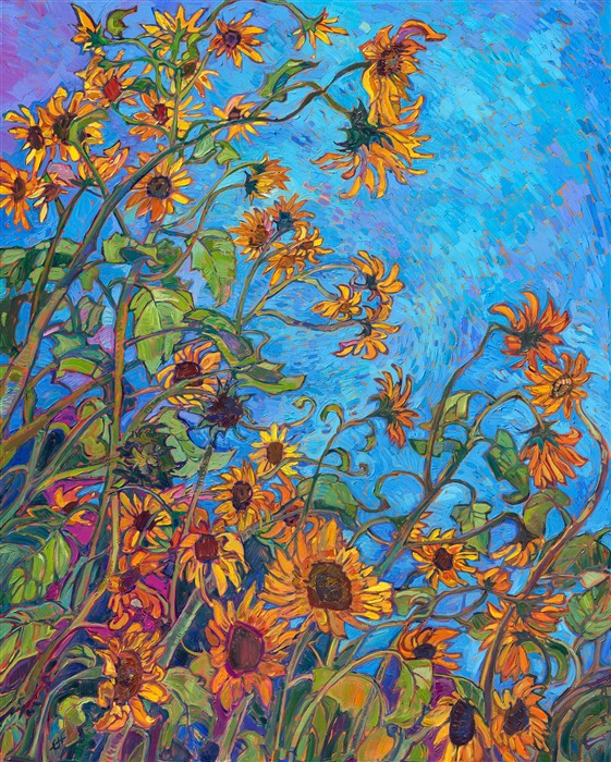 Oil painting of colorful sunflowers after van Gogh in a modern impressionism style, by American artist Erin Hanson