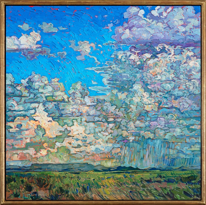 Oil painting of a Texan sky with dramatic clouds painted impressionistically by Erin Hanson, framed in a gold floater frame