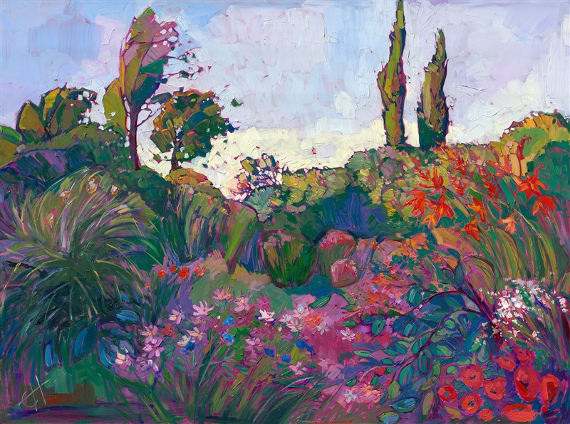 Commissioned painting of a blooming garden, by Erin Hanson