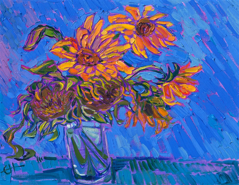 Impressionism painting of sunflowers in vase by Erin Hanson