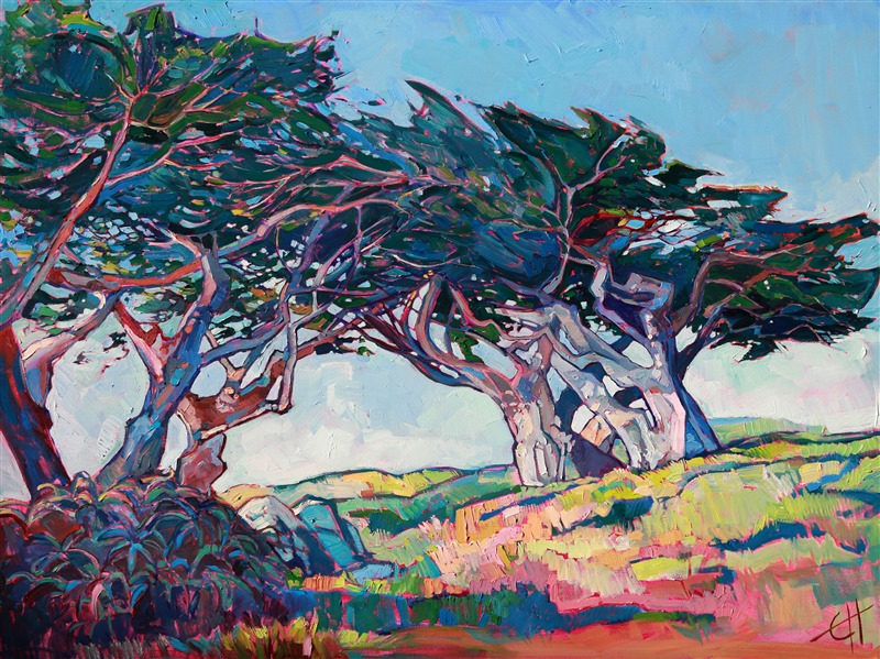 Pebble Beach cypress tree landscape painting by Erin Hanson