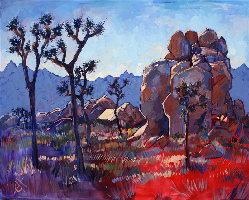 Blue Joshua Rock, expressionist oil painting by Erin Hanson