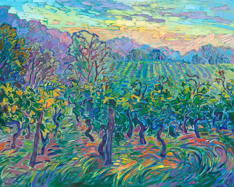 Impressionism oil painting of a vineyard in Bordeaux France, by Erin Hanson