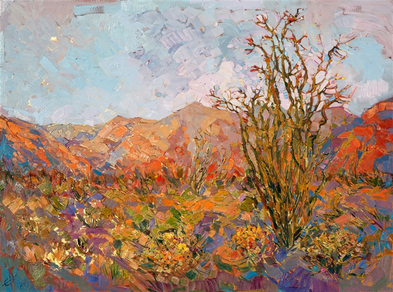 Photograph of a 24kt gold leaf oil painting of Borrego Springs, by Erin Hanson.