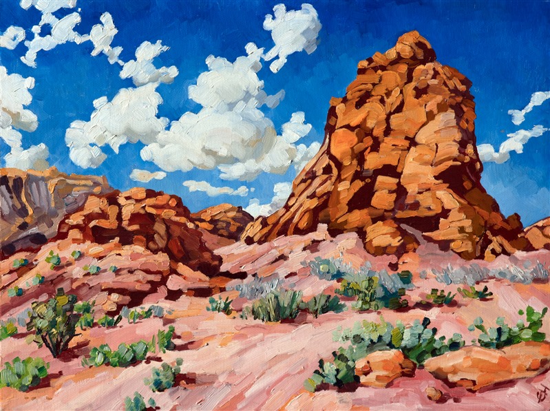 Utah landscape oil painting of red rock boulders contrasted against a vibrant blue sky and clouds by impressionist artist Erin Hanson