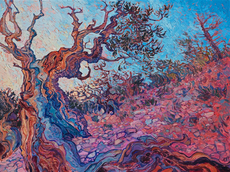 Bristlecone Pine forest oil painting by contemporary impressionist artist Erin Hanson