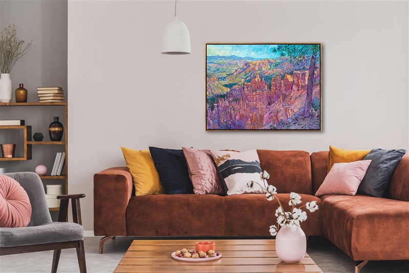 Painting of Bryce Canyon in a home, colorful southwest artwork by Erin Hanson.