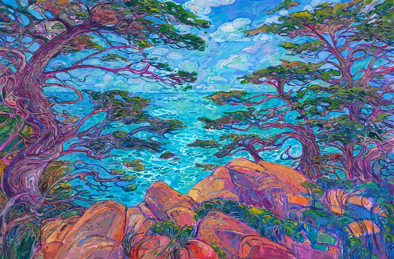 Monterey Cypress painting of California coastline, original artwork for Pebble Beach art collectors, by impressionism painter Erin Hanson.