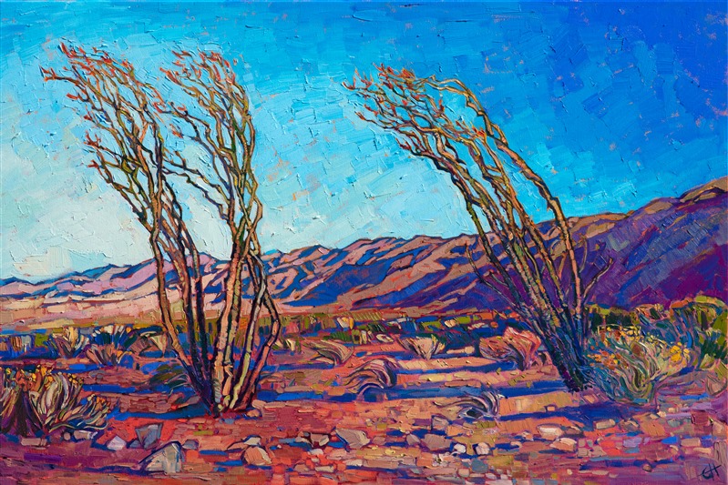 California ocotillo cacti blooming in Joshua Tree National Park, original oil painting by Erin Hanson